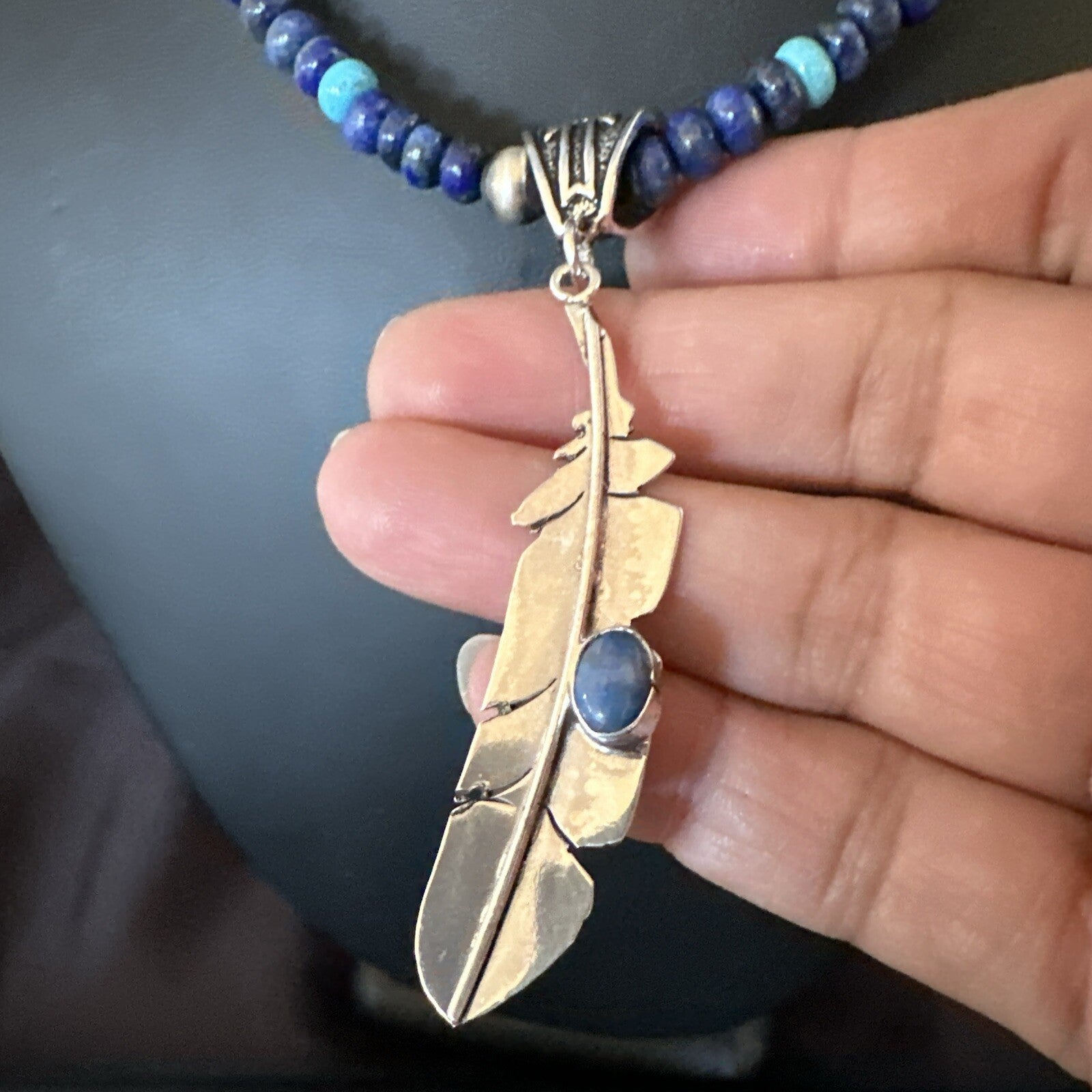 Blue Turquoise Lapis Feather Pendant Navajo Sterling Silver Necklace 21” 17790