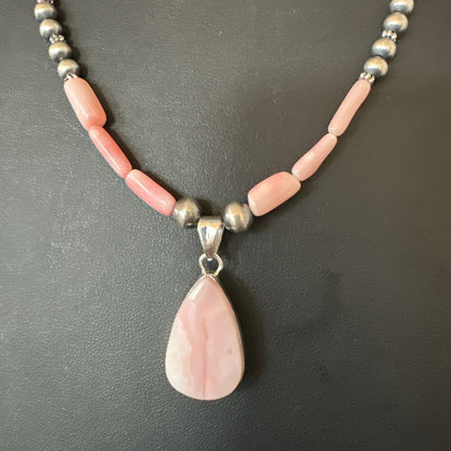 Southwestern Sterling Silver Pink Coral Bead Necklace Quartz Pendant 24" 19590