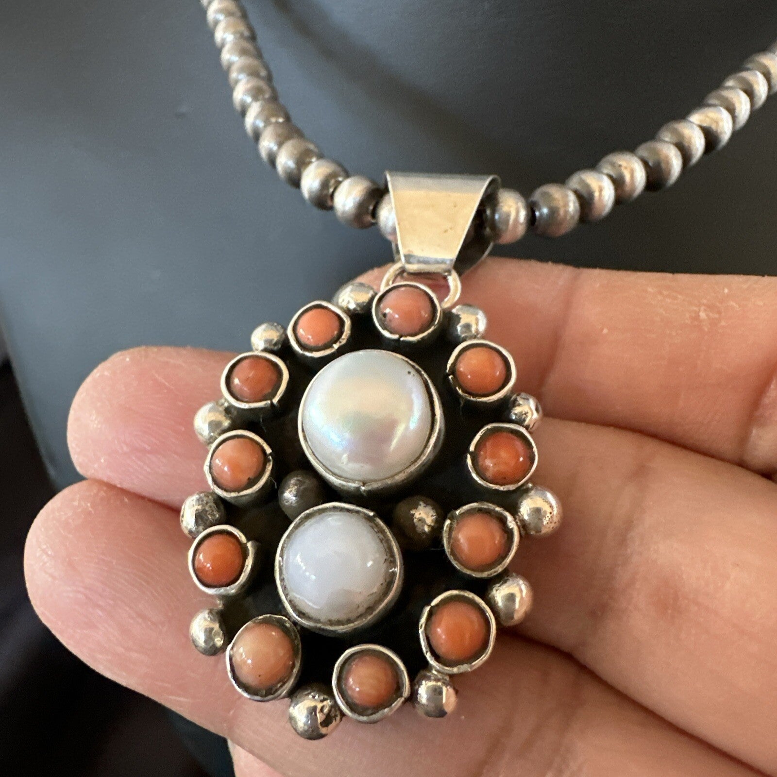 Pink Coral White Pearl Navajo Sterling Silver Cluster Pendant 1.5” 18402