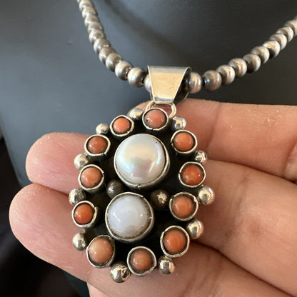 Pink Coral White Pearl Navajo Sterling Silver Cluster Pendant 1.5” 18402