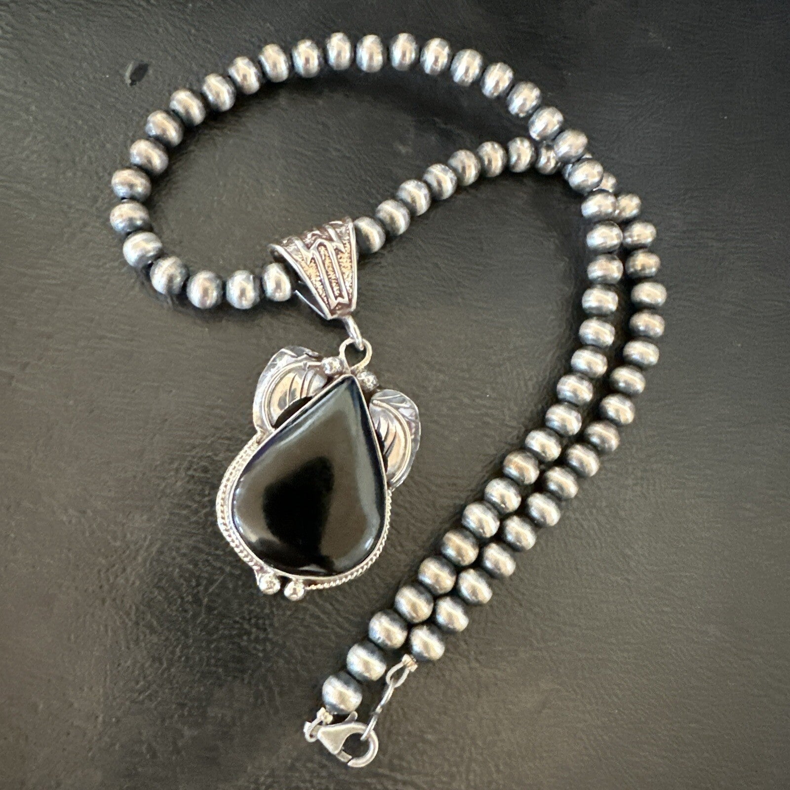 Mens Womens Black Onyx Pendant Navajo Sterling Silver Beads Necklace 18351