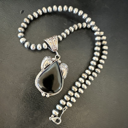Mens Womens Black Onyx Pendant Navajo Sterling Silver Beads Necklace 18351