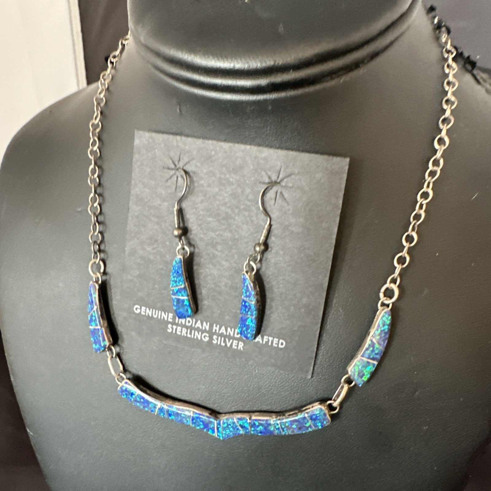 Old Pawn Blue Opal Necklace Inlay Navajo Sterling Silver 16" Earrings 19125