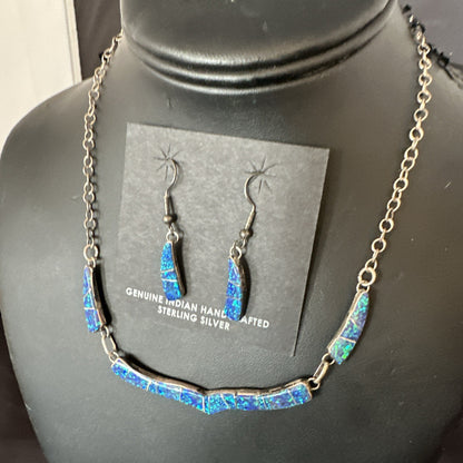 Old Pawn Blue Opal Necklace Inlay Navajo Sterling Silver 16" Earrings 19125
