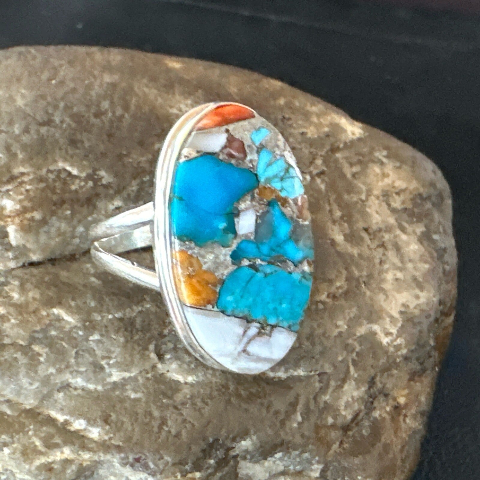 Blue Turquoise Spiny Oyster Southwestern Sterling Silver Ring Size 9 18459