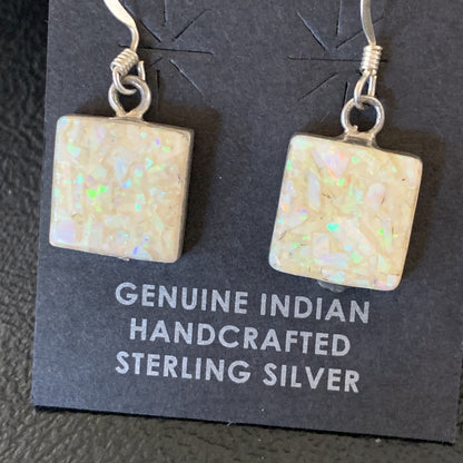Womens White Opal Inlay Navajo Sterling Silver Dangle Drop Earrings 12768