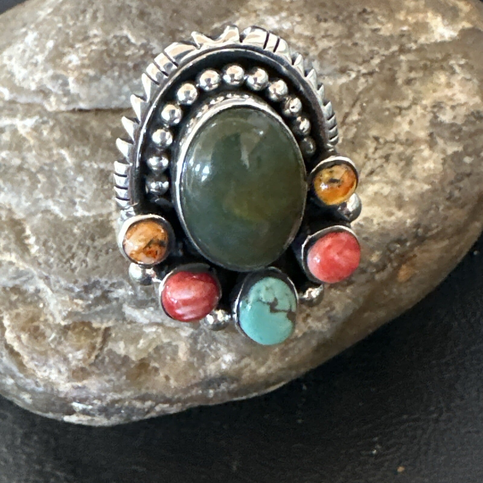 Cluster Blue Turquoise Spiny Oyster Sterling Silver Ring Size 8 18567