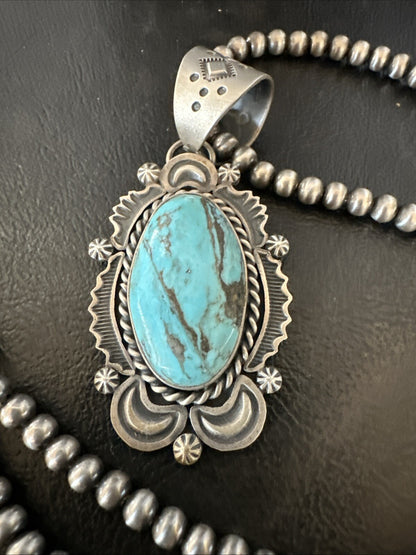 Mens Womens Blue Turquoise Pendant Sterling Silver Beads Sterling Necklace 18649