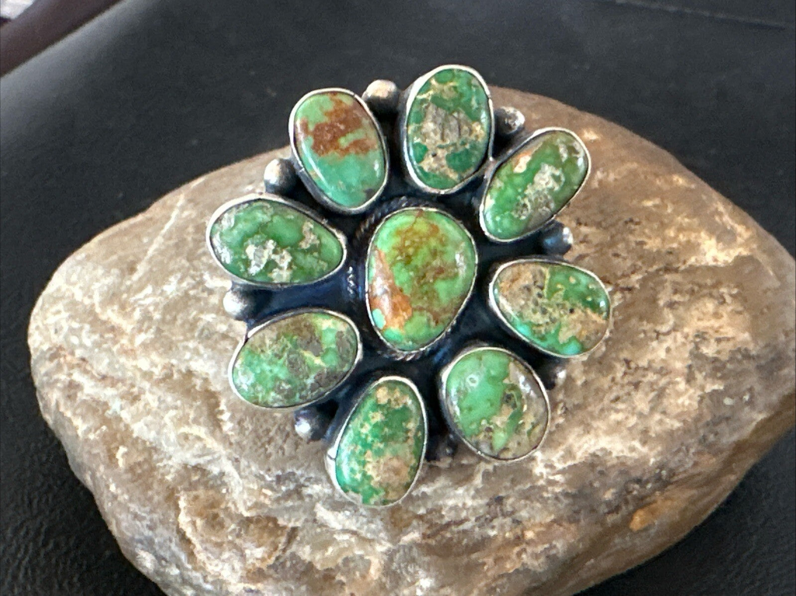 Navajo Sterling Silver Cluster Green Sonoran Gold Turquoise Ring Sz 8 18603
