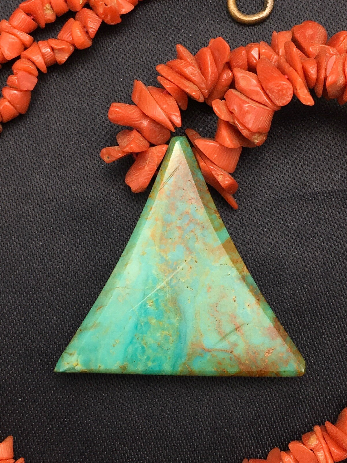 Native Kingman Turquoise Pendant Coral Brass Old Pawn Necklace 19" 04029