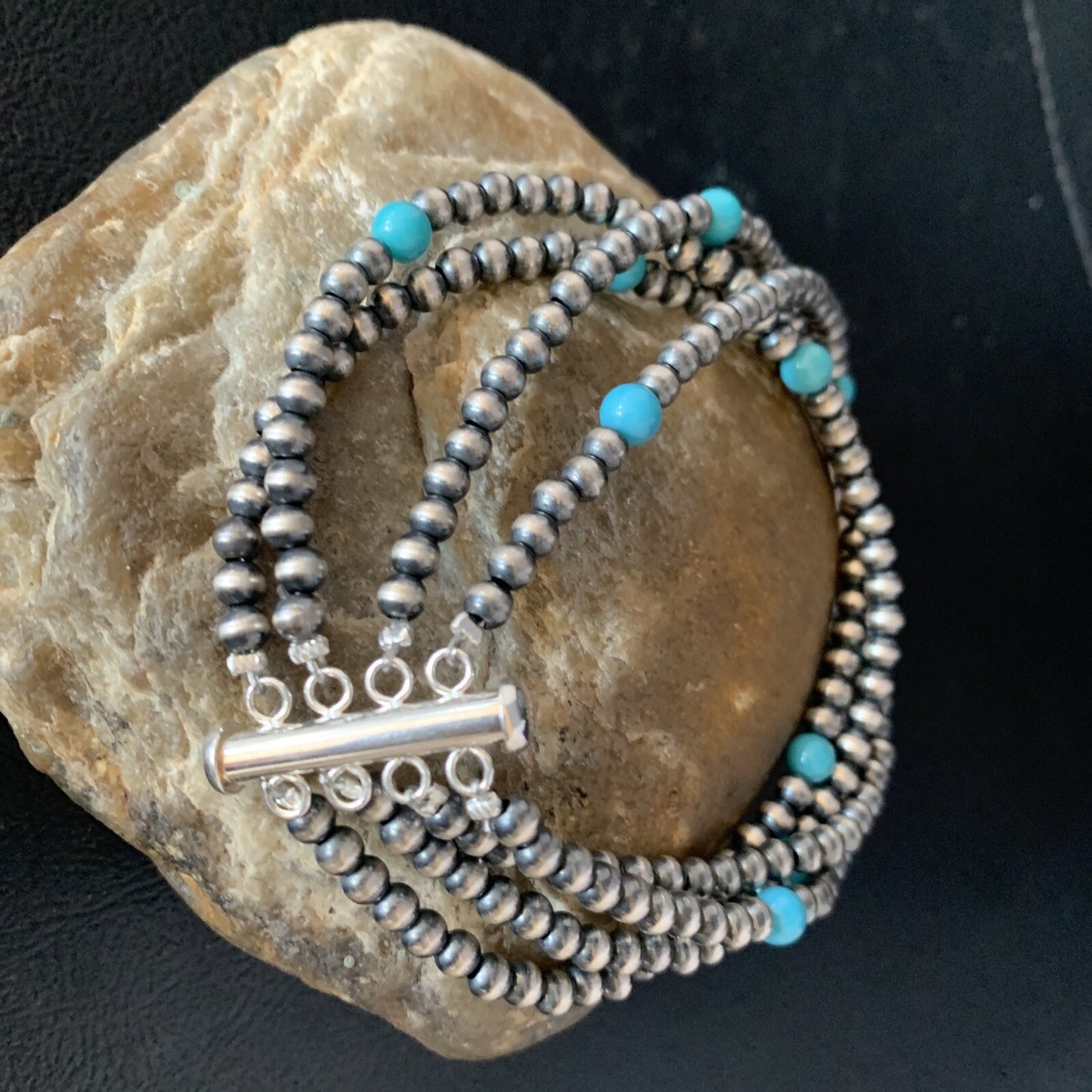 Native Navajo Sterling Silver Beads Blue Turquoise Bracelet 4 Strands 13587