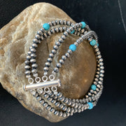 Navajo Beads Blue Turquoise Bracelet 4 Strands | Sterling Silver | Authentic Native American Handmade | 13587