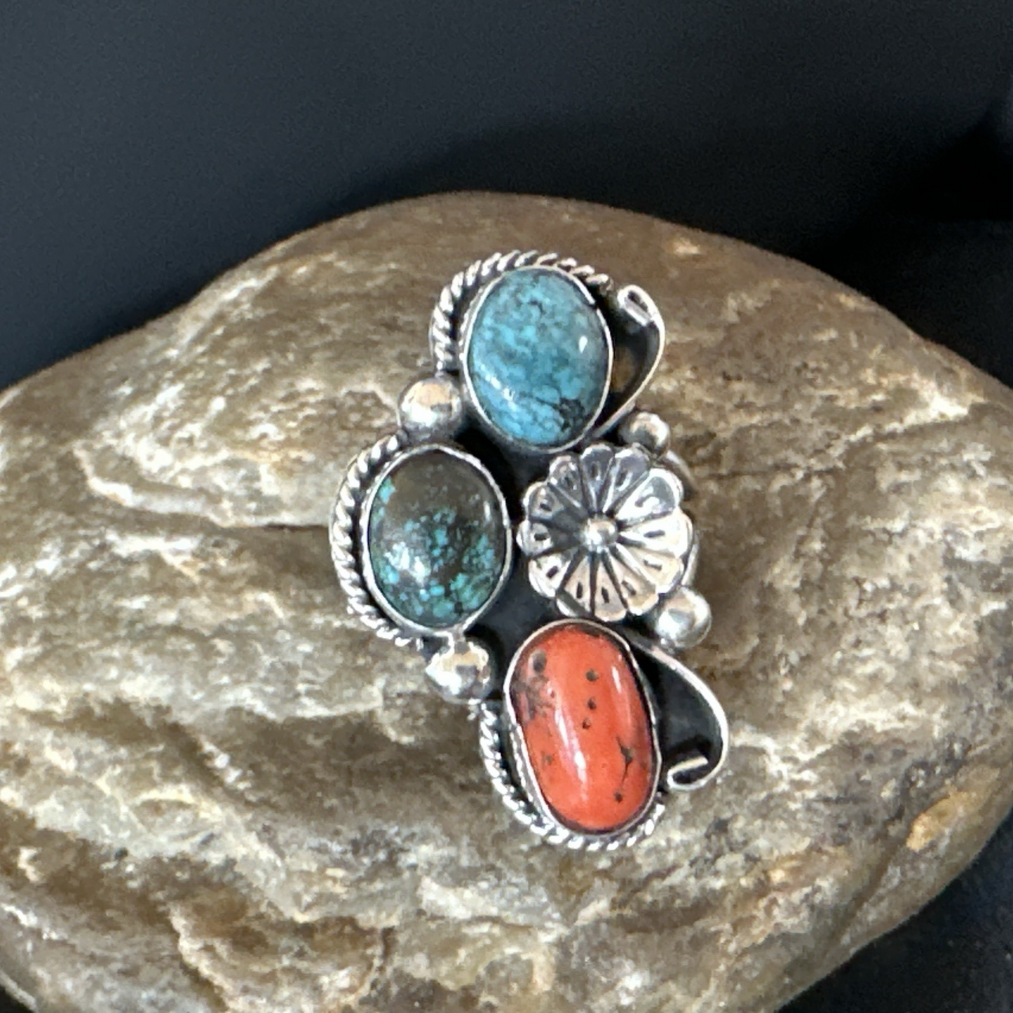 Multicolor Ring Turquoise Coral Spiny Navajo Sterling Silver Cluster Sz 10 19194
