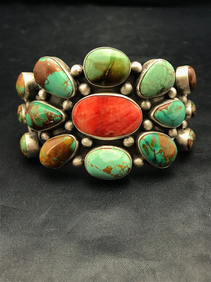 Royston Turquoise & Red Spiny Oyster Navajo Sterling Silver Bracelet 01052