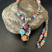 Multicolor Turquoise Spiny Navajo Cluster Pendant Necklace | Sterling Silver | Authentic Native American Handmade | 19641
