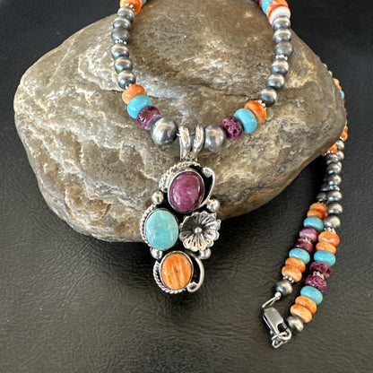 Multicolor Turquoise Spiny Navajo Sterling Silver Cluster Pendant Necklace 19641