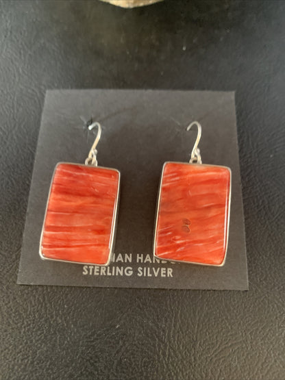 Red Spiny Oyster Navajo Sterling Silver Dangle Earrings 14094
