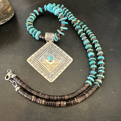 Navajo Blue Turquoise Stamped Pendant Shell Sterling Silver 28” Necklace 19705