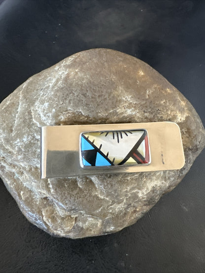 A Zuni Mens Turquoise Spiny Inlay Stainless Sterling Silver Money Clip 17835