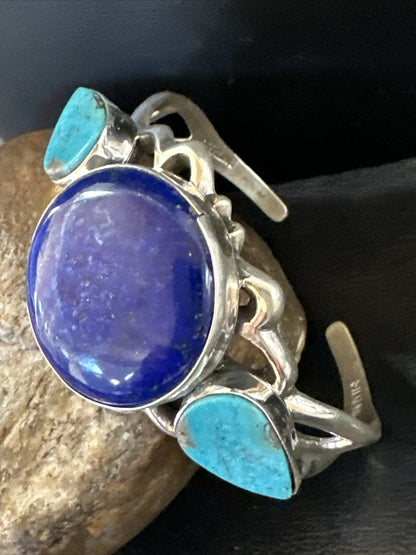 Kingman Turquoise Lapis Navajo Sterling Silver Tufa Cast Cuff Bracelet 17984