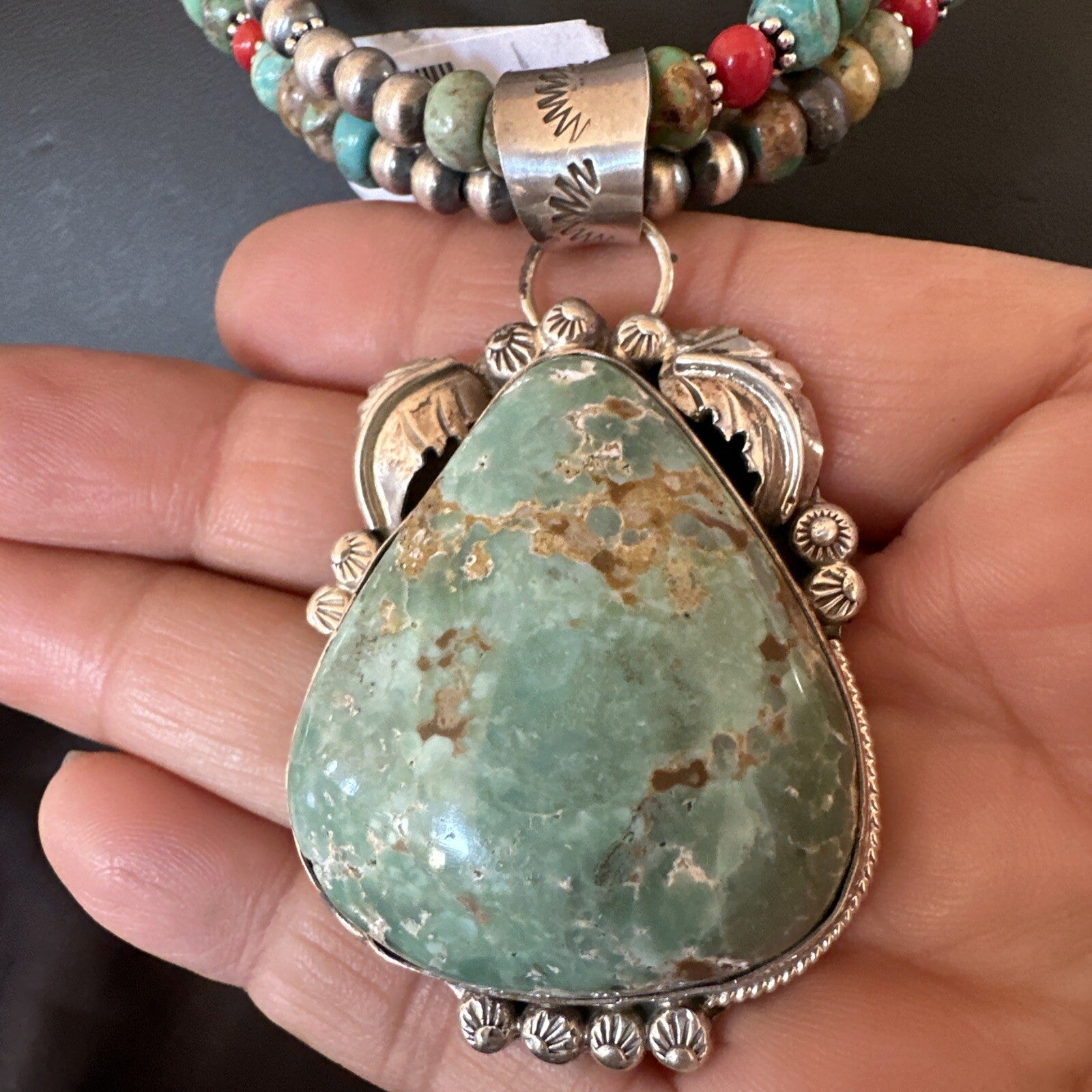 Womens Green Royston Turquoise Pendant Navajo Sterling Silver Necklace 12290