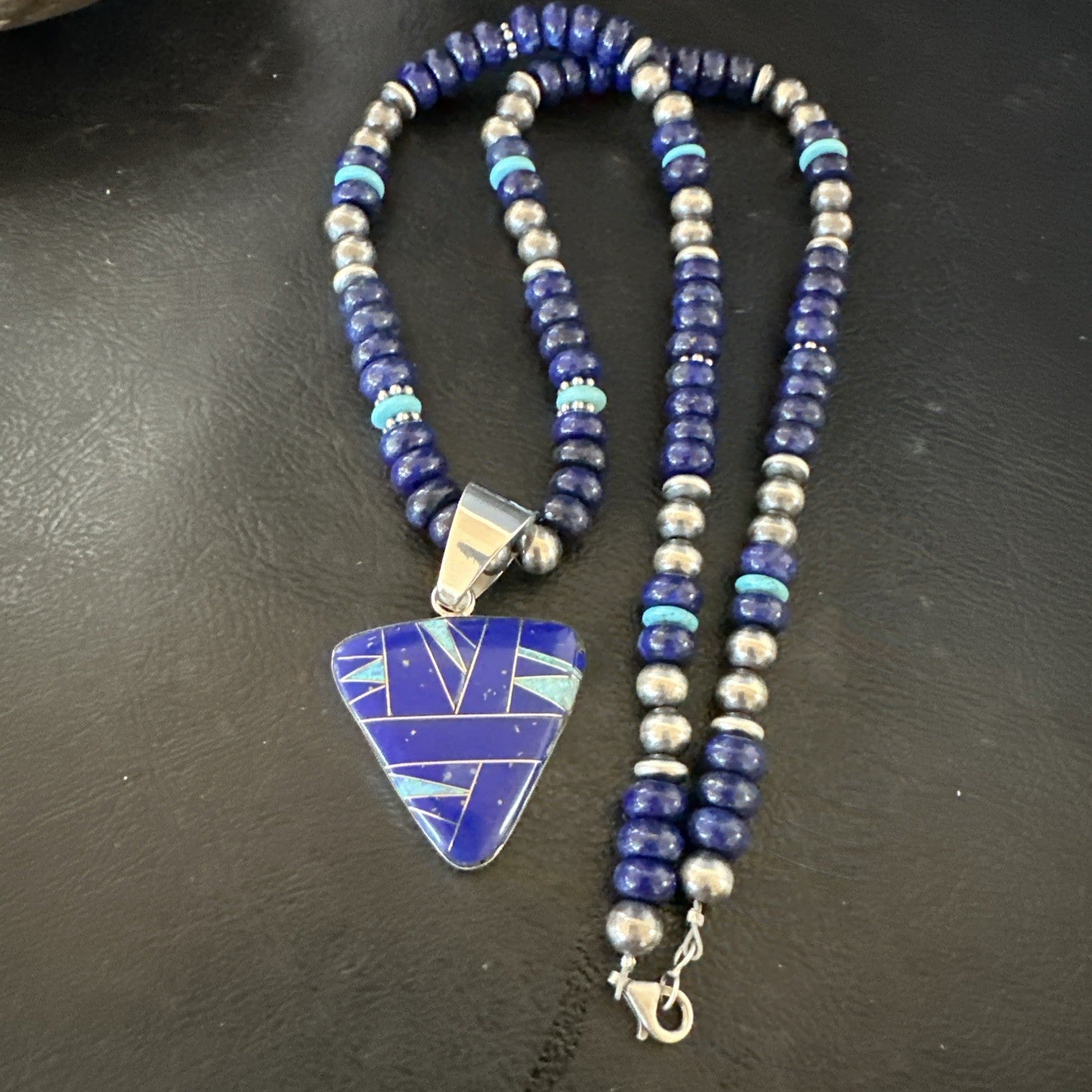 Lapis Opal Inlay Pendant Navajo Pearls Turquoise Sterling Silver Necklace 19182