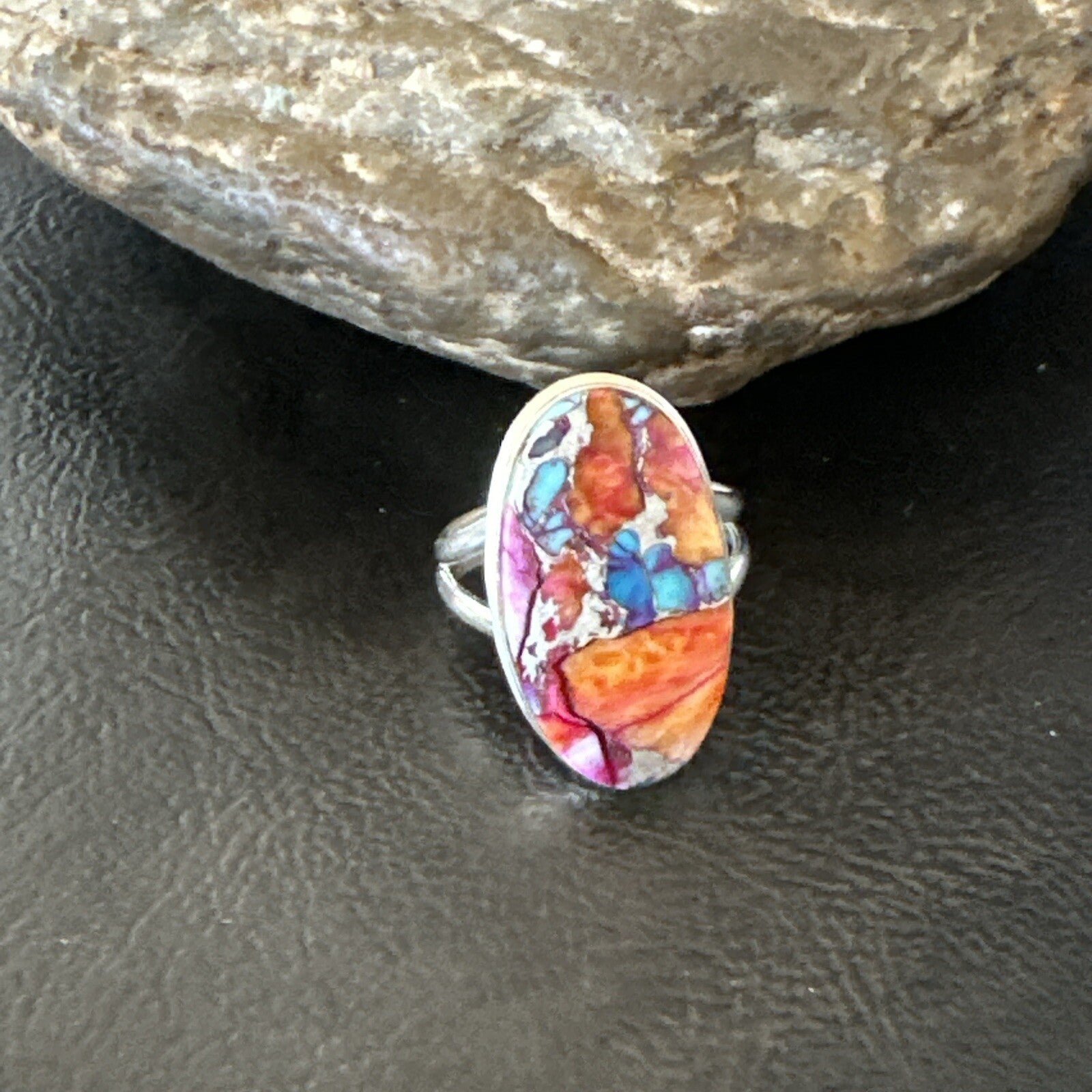 Blue Turquoise Spiny Oyster Southwestern Sterling Silver Ring Size 9 18460