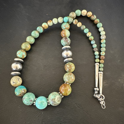 Green Turquoise Graduated Navajo Sterling Silver Necklace 21” 17782