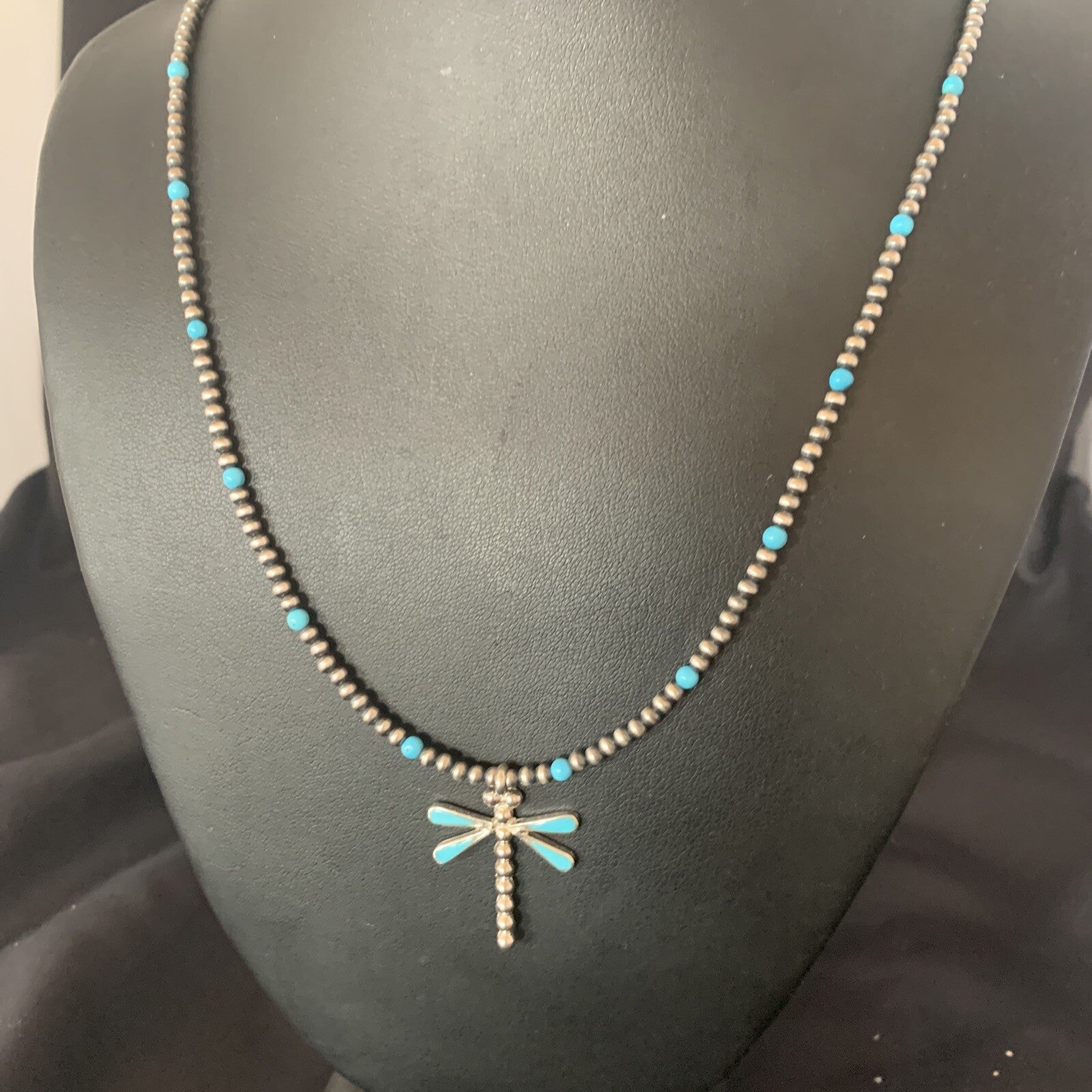 Blue Turquoise Dragonfly Pendant Zuni Sterling Silver Necklace 12058