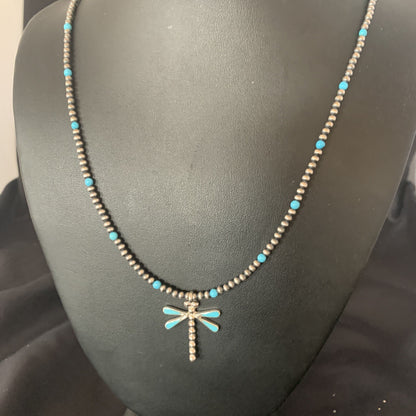 Blue Turquoise Dragonfly Pendant Zuni Sterling Silver Necklace 12058