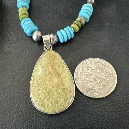 Green Gaspeite Pendant Blue Turquoise Navajo Sterling Silver Necklace 20" 19673