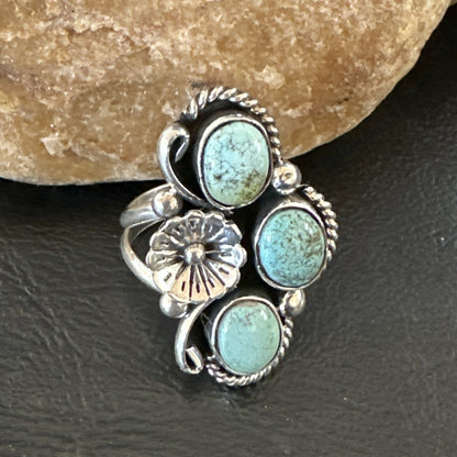 Yazzie Ring Blue Turquoise Navajo Sterling Silver Cluster Size 8 19219
