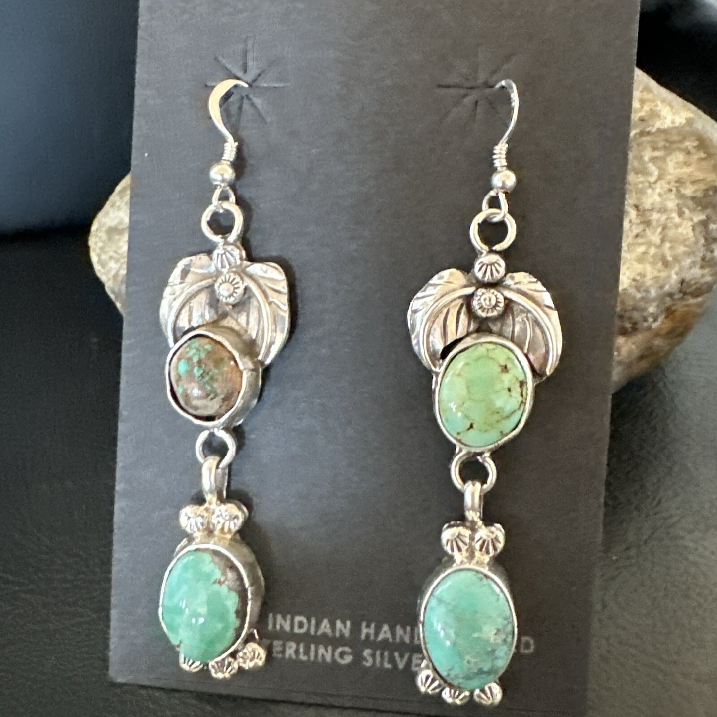 Navajo Green Turquoise Sterling Silver Dangle Earrings 2” 18043