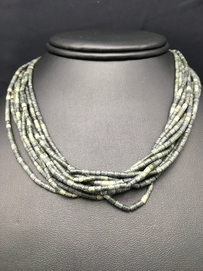 Southwestern Green Agate Heishi 10 Strand Sterling Silver Necklace 16" 04351