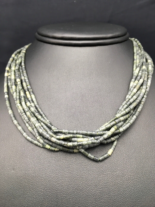 Southwestern Green Agate Heishi 10 Strand Necklace 16" | Sterling Silver | Authentic Native American Handmade | 04351
