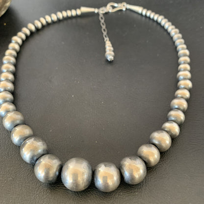 Navajo Pearls Graduated Sterling Silver Round Seamless Bead Necklace 36”