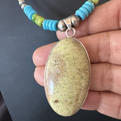 Green Gaspeite Pendant Blue Turquoise Navajo Sterling Silver Necklace 20" 19671