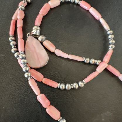 Southwestern Sterling Silver Pink Coral Bead Necklace Quartz Pendant 24" 19590