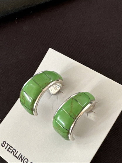 Southwestern Sterling Silver Green Gaspiete Inlay Earrings 1” 16741