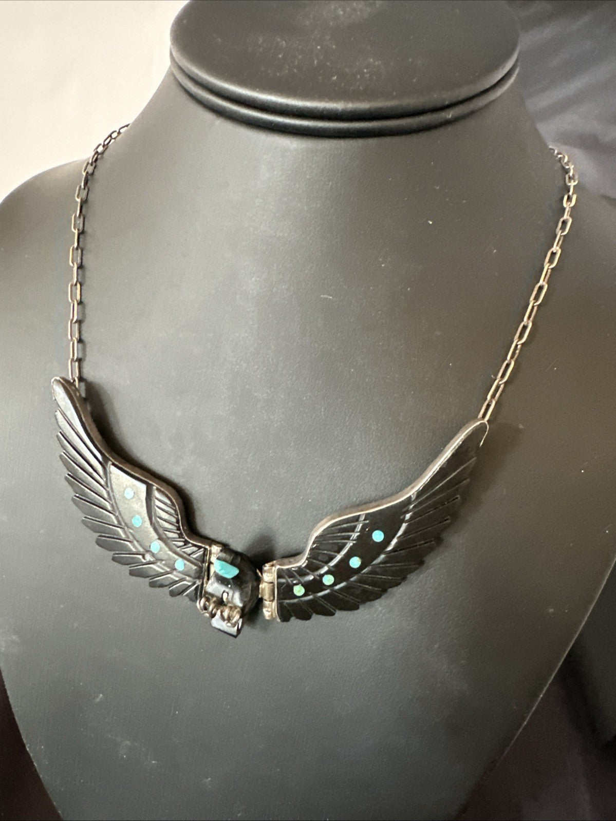 Navajo Flying Eagle 4.5"  Black Jet Turquoise Necklace F Tom 20” 19420