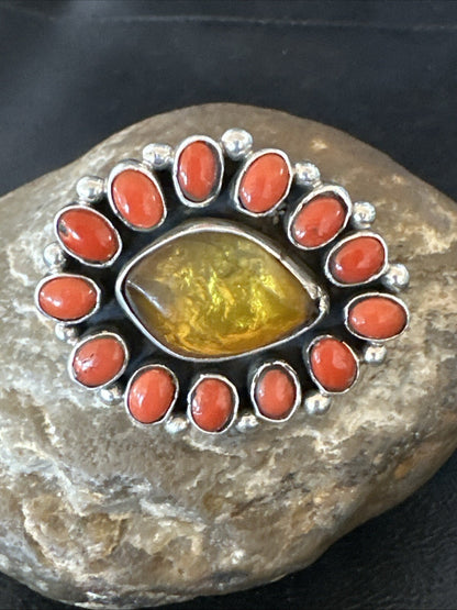 Golden Amber Red Coral Navajo Sterling Silver Cluster Ring Size 6 18563