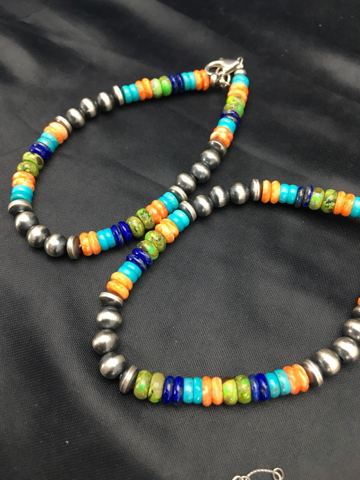 Southwestern Turquoise Spiny Lapis Silver Necklace Bracelet Set 8" 02762