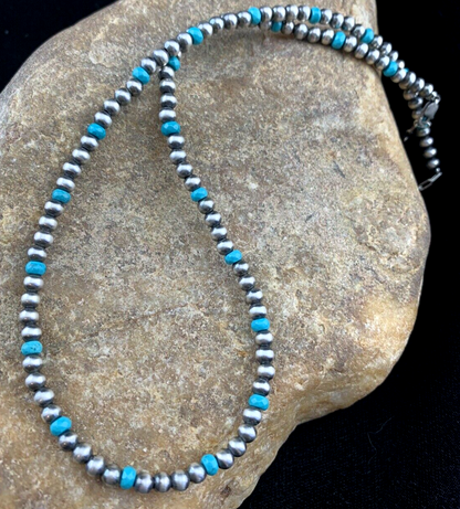 Blue Turquoise Navajo Pearls 4mm Sterling Silver Bead 14" Necklace 94116
