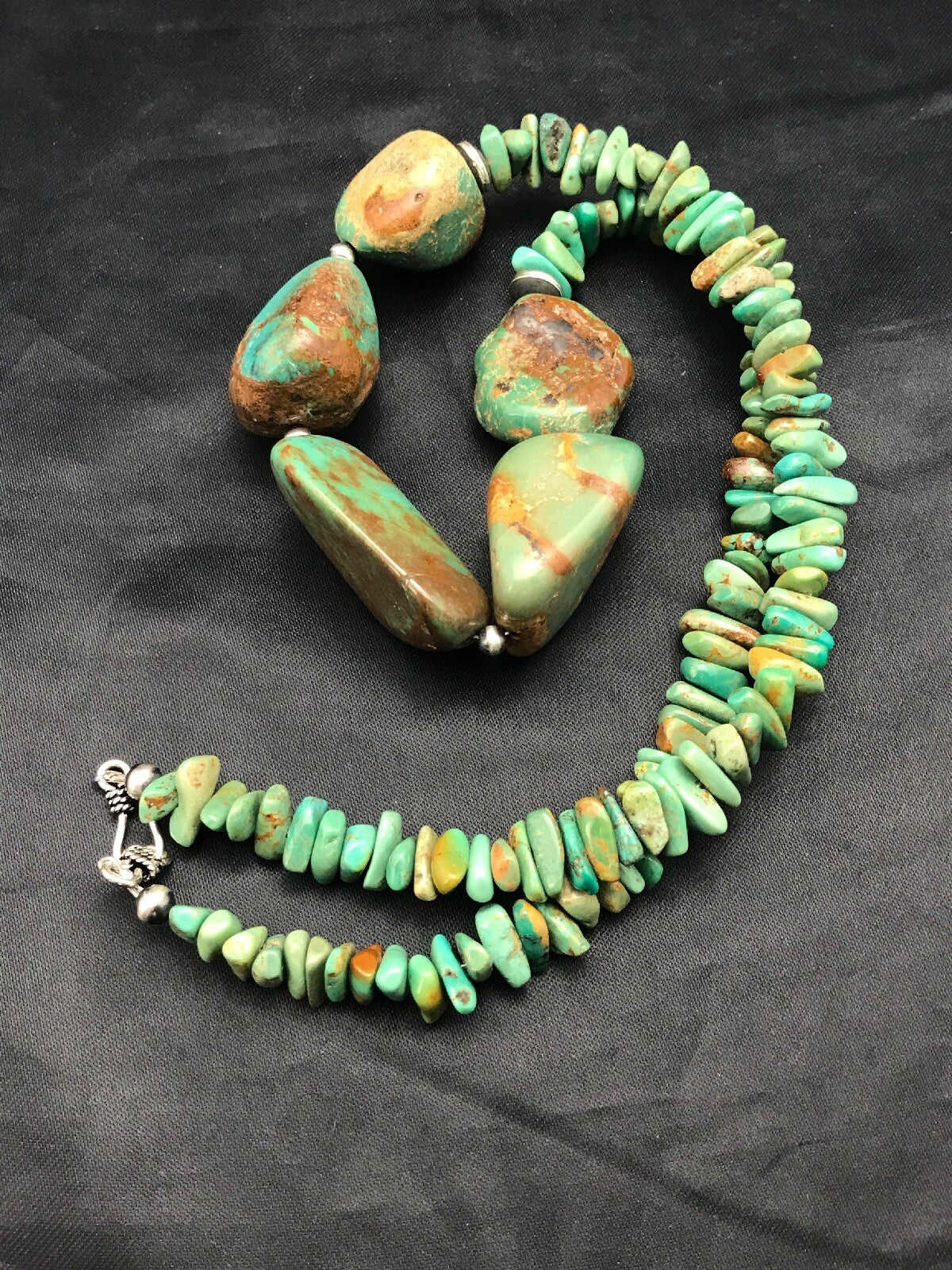 Chunky Green Nugget Turquoise Navajo Sterling Silver Necklace 23" 3216