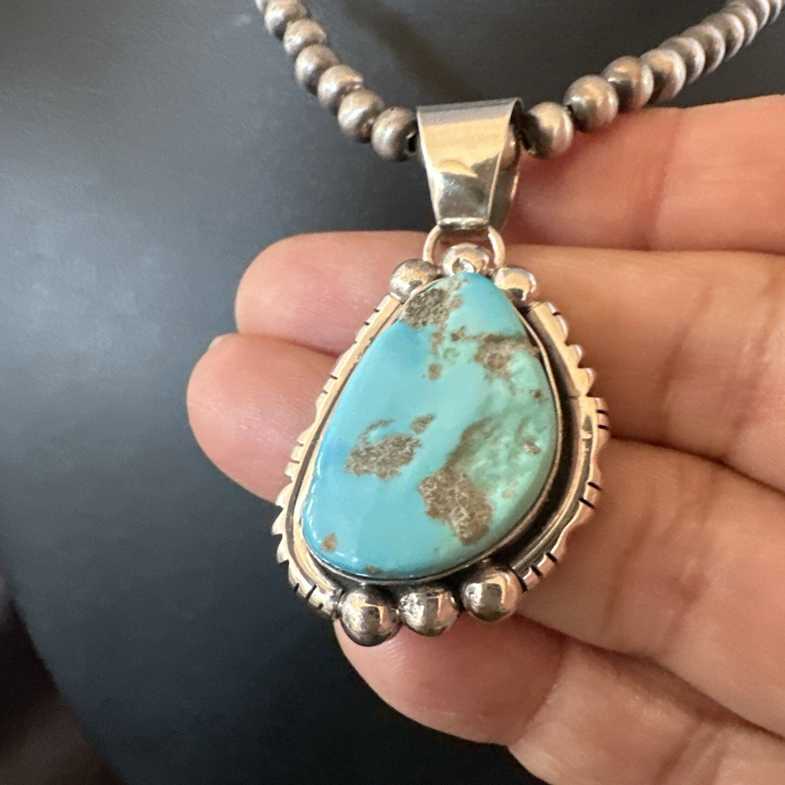 Rustic Blue Kingman Turquoise Pendant Navajo Sterling Silver Necklace 20" 18316