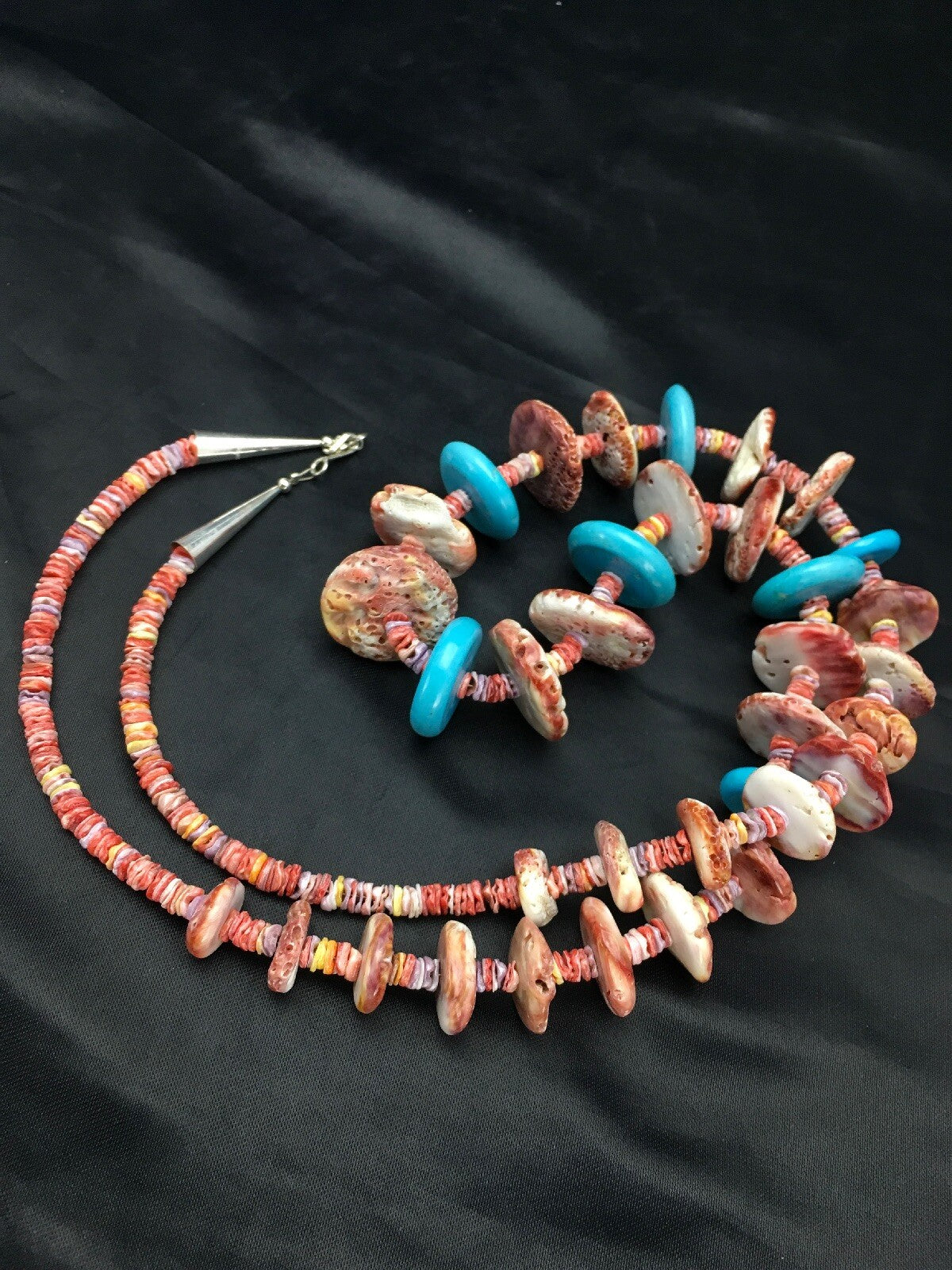 Spiny Oyster & Turquoise Navajo Indian Sterling Silver Necklace 02910