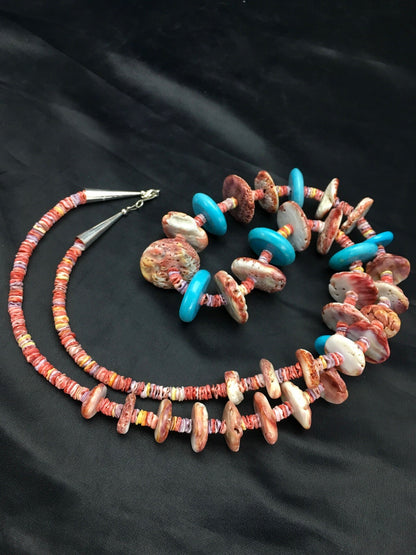 Spiny Oyster & Turquoise Navajo Indian Sterling Silver Necklace 02910