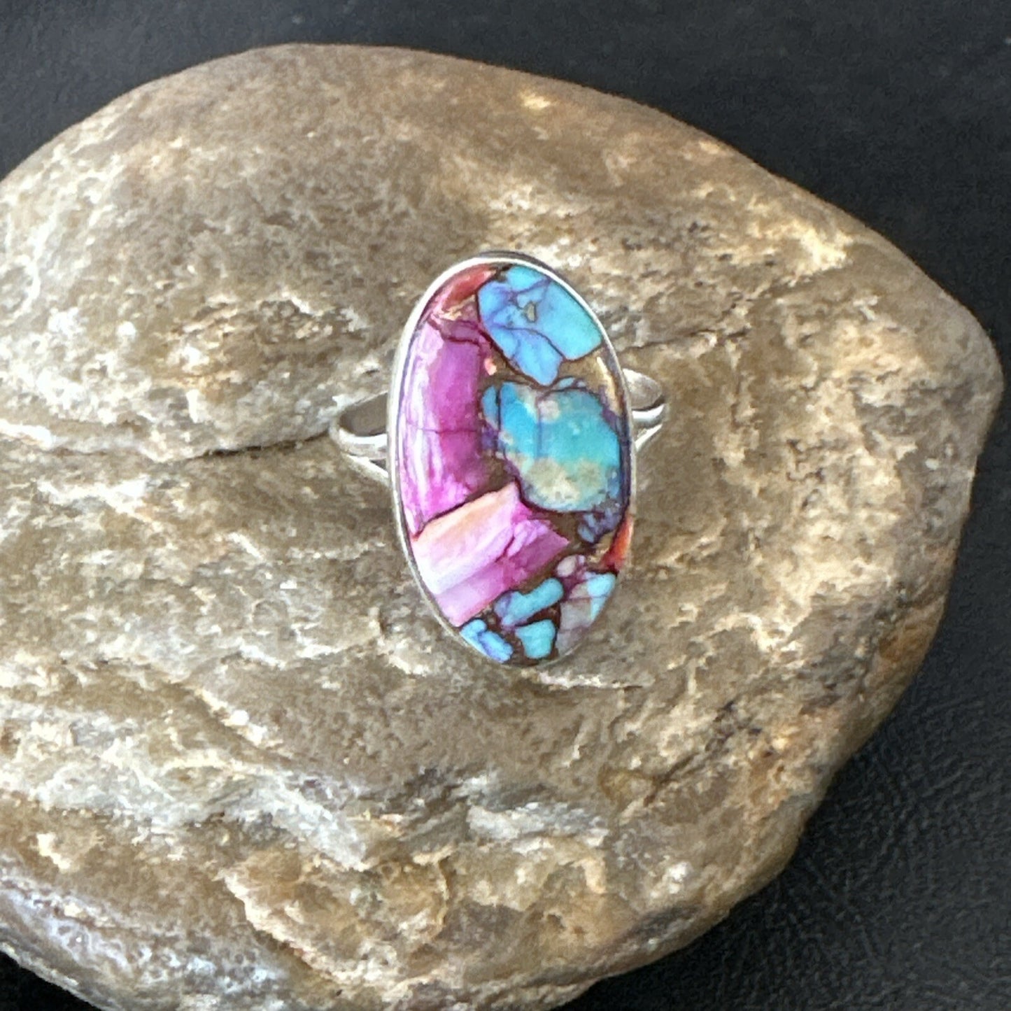 Blue Turquoise Spiny Oyster Southwestern Sterling Silver Ring Size 11 18456