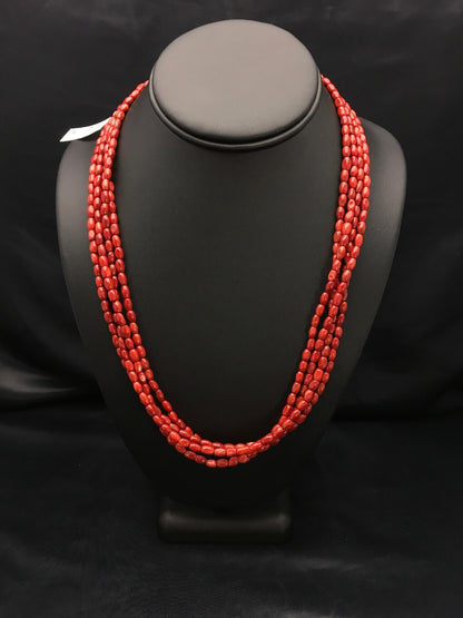 Red Bamboo Coral 4 Strand Navajo Sterling Silver Necklace 21" 02875