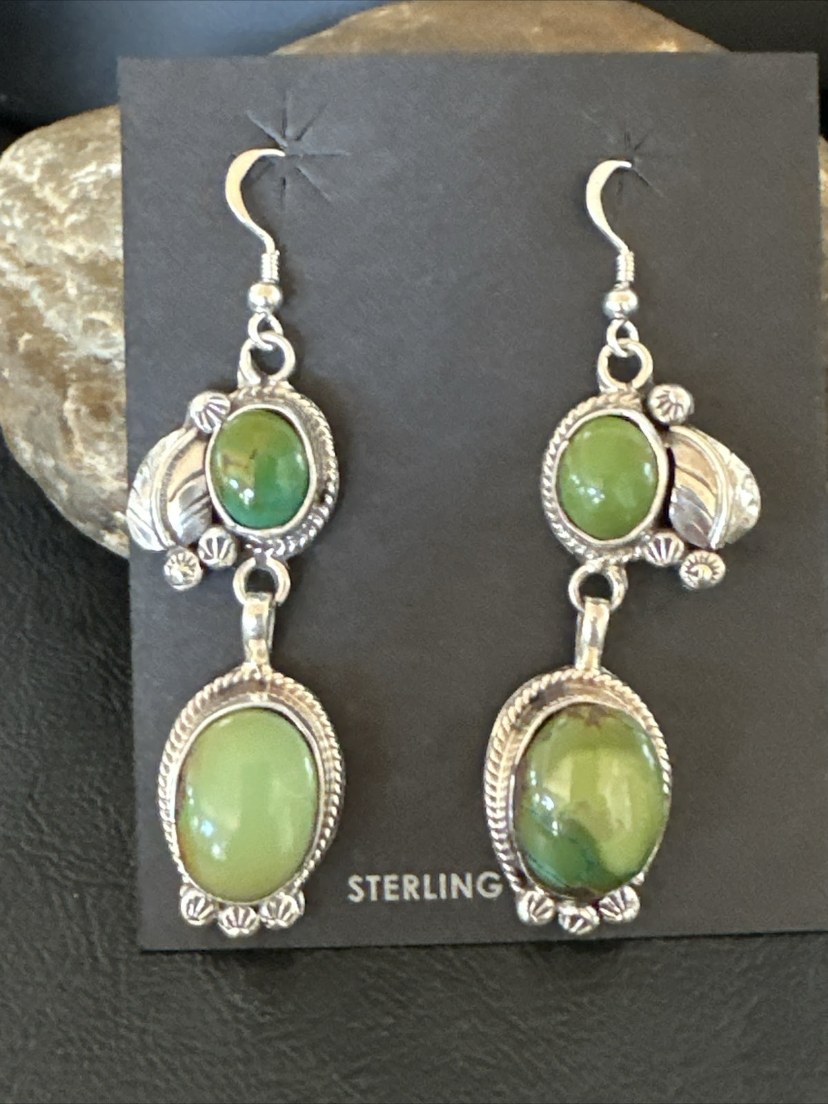 Native Navajo Green Turquoise Sterling Silver Dangle Earrings 2” 17697